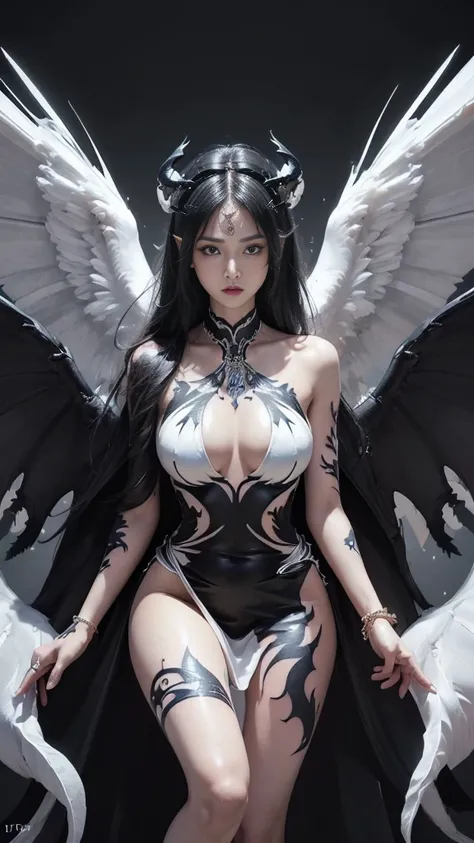 ((Perfect dynamic composition:1.7, Detailed tattoos all over the body:1.6, Wear exquisite jewelry:1.6)), Highly detailed skin and face:1.3, Details of the limbs, Wings on the shoulder, Angel wings and devil wings, White wings and black wings, (Realistic pi...