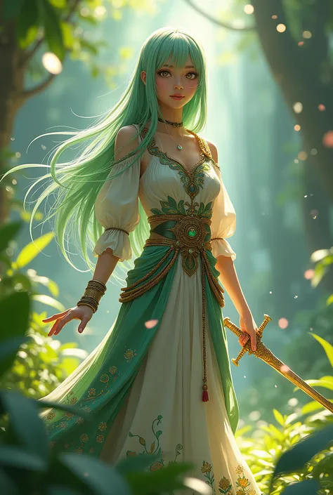 A beautiful anime girl with long light green hair, wearing a bohemian-style dress, holding a sword in her right hand and presenting it to the viewer, highly detailed, disney pixar style, cinematic lighting, intricate costume details, dynamic pose, digital ...