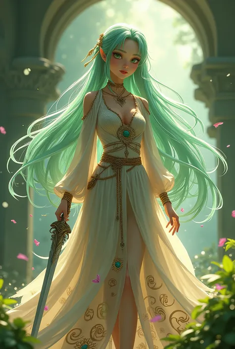 A beautiful anime girl with long light green hair, wearing a bohemian-style dress, holding a sword in her right hand and presenting it to the viewer, highly detailed, disney pixar style, cinematic lighting, intricate costume details, dynamic pose, digital ...