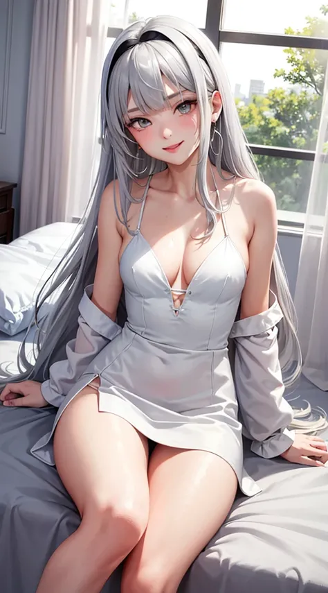 1Girl, Solo, Anime, Ideal body, (Cleavage, Small breast). Beautiful, Gorgeous, Fresh, Blunt Bangs, (White Grey Hair:1.5),(Straight and Wavy Long Hair:1.3), Sleep dress, Off-Shoulder, Oversize , laced, Comfort, Loose dress, satin Texture. (Sit on bed:1.3). ...