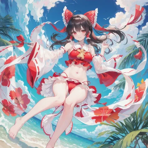 full body portrait, hakurei reimu, bikini style swimwear, transparent lace skirt, 8K detail, happy smile face, medium breast, cameltoe, hairy pubic hair,