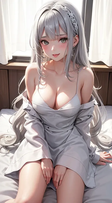 1Girl, Solo, Anime, Ideal body, (Cleavage, Small breast). Beautiful, Gorgeous, Fresh, Blunt Bangs, (White Grey Hair:1.5),(Straight and Wavy Long Hair:1.3), sexy dress, night dress, Off-Shoulder, Oversize , laced, Comfort, Loose dress, satin Texture. (Sit o...