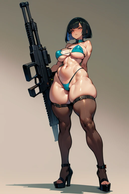 Cuberpunk, thick hips,  thick thighs, platform heels, bandeau top, mini bikini, huge breast, thin waist, tight stockings,  bob cut hair, weapon, tanned skin, gun, angry look, soldier girl, scream, (( very wide hips)), (((colossal Thighs, gigantic thighs, v...