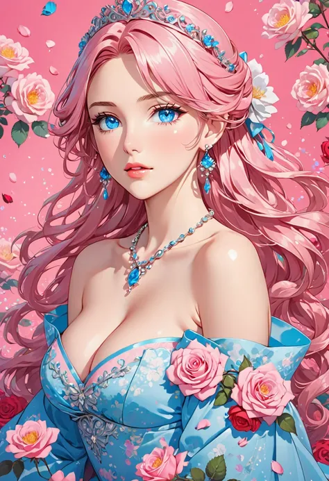 an anime female dressed like a princess with roses all around her on a bright pink background, 1girl, solo, breasts, jewelry, earrings, flower, cleavage, blue eyes, long hair, looking at viewer, parted lips, collarbone, bare shoulders, petals, pink hair