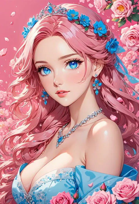 an anime female dressed like a princess with roses all around her on a bright pink background, 1girl, solo, breasts, jewelry, earrings, flower, cleavage, blue eyes, long hair, looking at viewer, parted lips, collarbone, bare shoulders, petals, pink hair