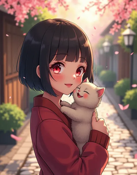 Anime Style, Ultra-fine illustrations, Very detailed, Dynamic Angle, Beautiful details, 8K,One cute girl,black Hair,Thin bob cut, smile,red eyes,fashionable, Trendy clothing,Cobblestones,(Speckled sunlight:1.2),Blurred,(Depth of written boundary:1.1),Tilt ...