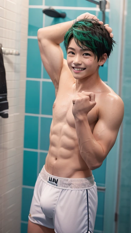 Japanese men、13 years old、Well-developed muscles and smooth skin、Fluffy, voluminous, bright green hair、Thin lace boxer briefs、See your whole body from head to toe、Smiling softly and friendly、Hero Academy、In the shower room、Raising his fist in a manly pose