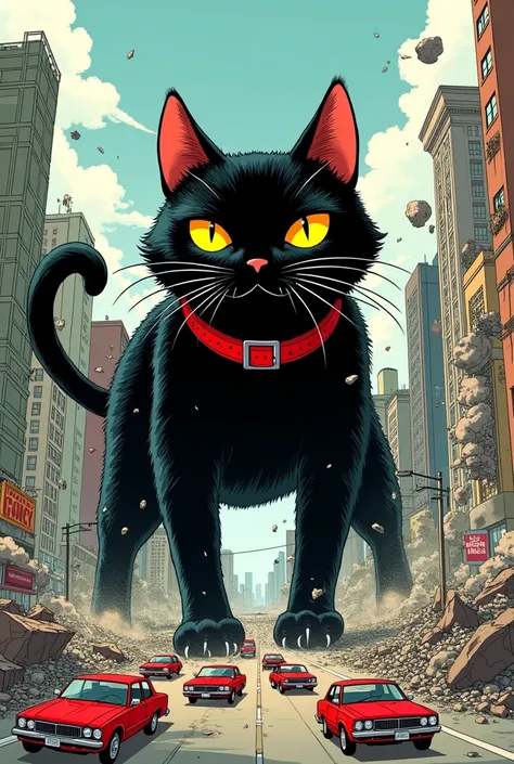 Black and yellow tabby cat with yellow eyes and red collar, Giant destroying a city Godzilla style. The image should be in the style of 90s manga drawings