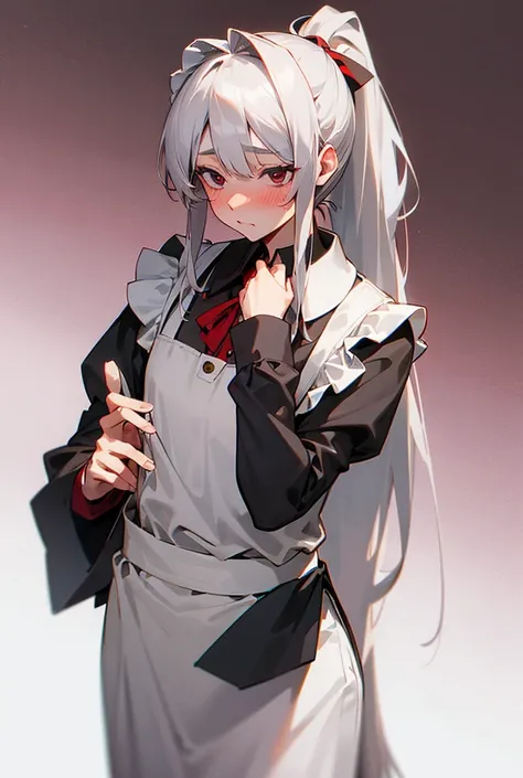 One person, Long Hair, High resolution, chest, Blushing, Simple Background, accurate, Highest quality, Gray Hair, ponytail, Red face, Maid clothes