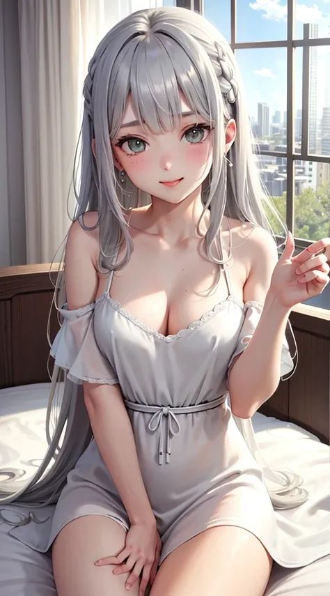 1Girl, Solo, Anime, Ideal body, (Cleavage, Small breast). Beautiful, Gorgeous, Fresh, Blunt Bangs, (White Grey Hair:1.5),(Straight and Wavy Long Hair:1.3), sleep robe, sleep dress, night dress, Off-Shoulder, Oversize , dress laced, Comfort, Loose dress, sa...