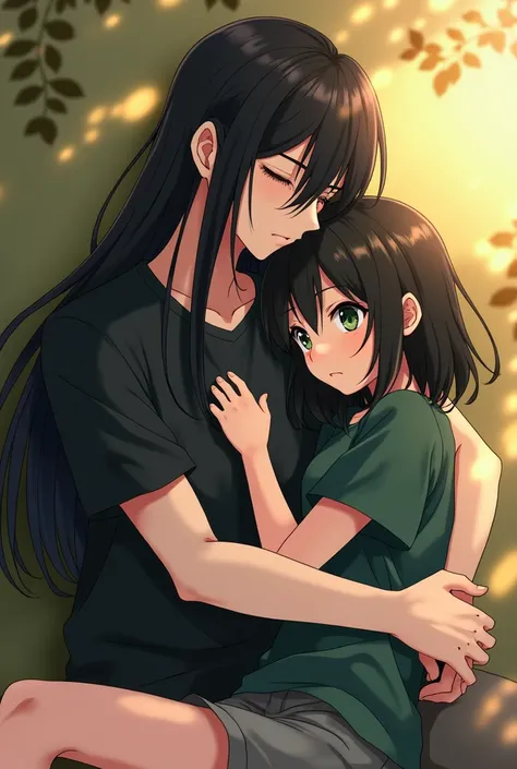 A guy with long black hair, Beautiful face, grey eyes, beautiful body, pale skin, eyes closed lying and hugging a girl with black shoulder-length hair, green eyes, dark green shirt, gray shorts eyes closed, realistically, masterpiece, Best quality, detaili...