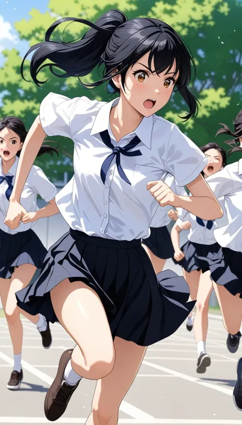 high school girl、Black Hair、ponytail、Medium chest、White short-sleeved shirt、black flared skirt、Running full speed across the schoolyard