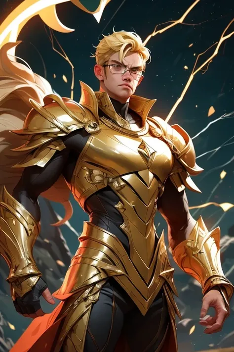 serious man with glasses,a gold leo armor in front of a landscape, attack pose with lightning bolts in his fists,daniel mirante, ethan klein, taken in the early 2020s, full body profile picture, very slightly serious , david rios ferreira, slightly serious...