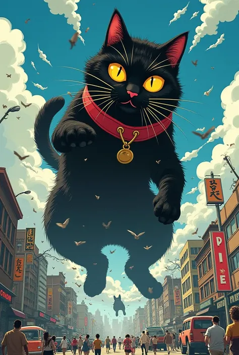 Black and yellow striped cat, with yellow eyes and a red collar, giant destroying a city. The image should be in manga style. point of view from above, Spirited Away