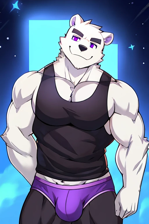 polar bone, muscular, purple eyes, with black sleeveless shirt, purple underwear, with a mischievous smile