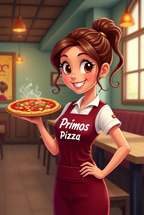 Girl with a pizza in her hand wearing a burgundy uniform that says "Primos Pizza" in vector format. 
