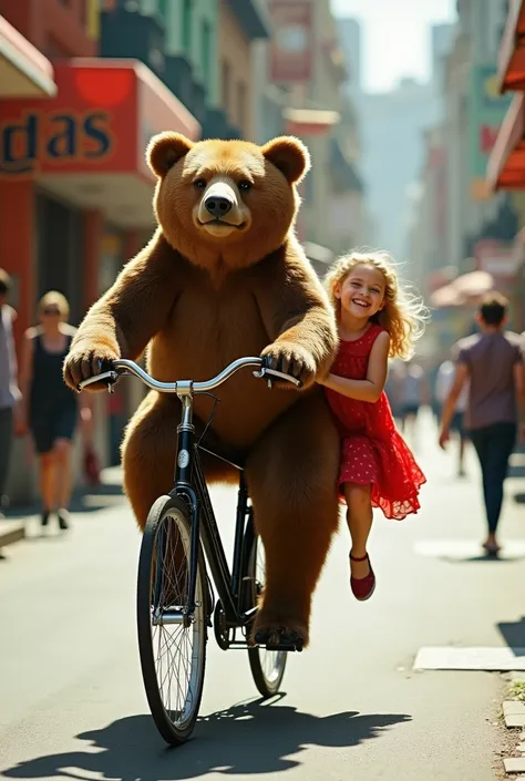 Newspaper photo(realistic big bear pedaling bicycle, beautiful innocent blonde girl(in red frilly dress) sitting backwards on back of bicycle, feeling adolescent, at urban side, color photo)