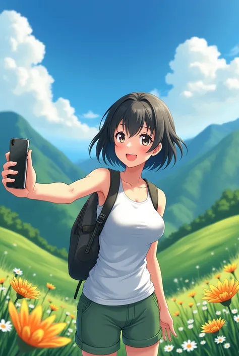 
**prompt:**
Japanese、Large Breasts、A beautiful girl with short black hair and a bright smile、Taking a selfie in a mountainous landscape。She is wearing a white tank top and green shorts.、He carries a rucksack on his back.。The background features lush rolli...