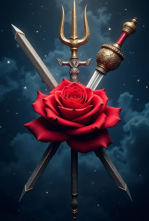 A red rose, a trident, a dagger, and a pipe crossed and superimposed against a backdrop of a starry sky