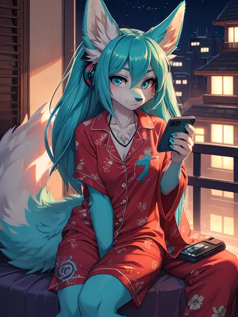 1 girl, Miku Hatsune, add high definition_detail:1, blue fur,kitsune ears, tribal tattoo add_detail:1, sitting on a bed in comfortable pajamas, strap blouse, mini short fitted, checking the cell phone, night scene, balcony at night in the city