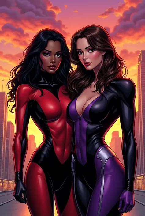 Two best friends, one being the villain and the other being the heroine, the villain will have darker skin and wavy, almost straight hair, and the heroine will have fair skin with dark brown wavy hair, The villains outfit will be red with black, The heroin...