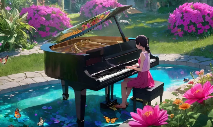 A person playing the piano in the middle of the garden, With colorful flowers, butterfly, Crystal clear water, 8k resolution.