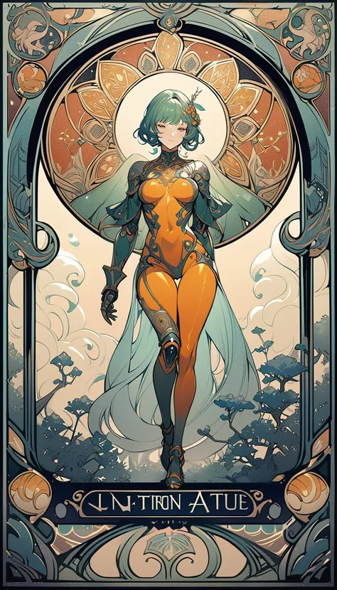 ((best quality)) , ((masterpiece)) , (detailed),a robot with an orange and gold body, in the style of light blue-green, dark green and purple, realistic yet fantastical, detailed character designs, strong emotional impact,((art nouveau style , decorative, ...