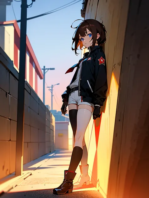 Anime girl, blue eyes, (short messy brown hair), assassin, longsleeved long jacket, black shirt with red star underneath. White shorts, Black thigh high socks, black heeled ankle boots. Black gloves. Garter on left thigh. Standing in alleyway, side-facing....