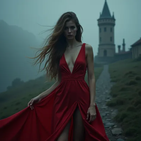 beautiful succubus, Very beautiful Slavic woman, pale skin, long light brown hair, (((Red Stylish Modern Dress))), (((Supernatural Lighting))), (((Mystical fog))), raining night, (((The Wizards Tower in the background))). photorealestic, 8K Post-Input, Cin...