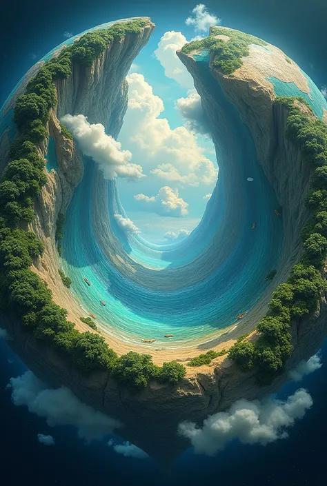 The world like a hollow sphere but the continents are seen inside painted on the concave walls.  And the sky would theoretically be the center of the sphere. From the outside, the earth does not look like in photos from outer space