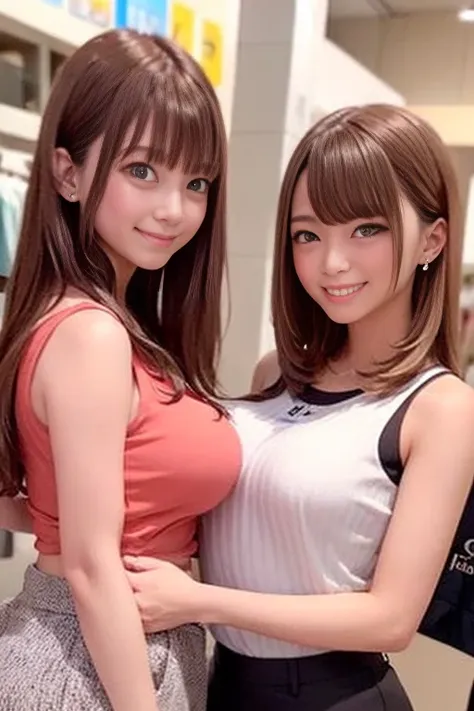 Three 19-year-old women、Bob Hair、Medium breast、smile、Sleeveless graphic shirt、Tight mini skirt with slit、Shopping、Inside an apparel shop、Three people in a row、masterpiece:1.3、Raw photo quality、Highest quality、Detailed image quality、Detailed Background、