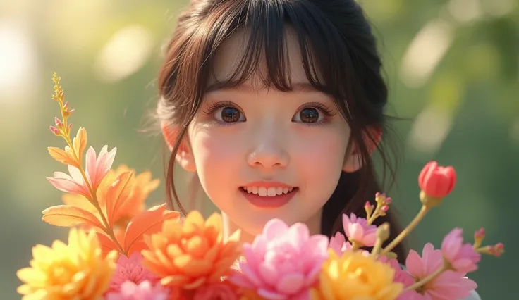 (best quality, masterpiece, ultra detailed, ultra high res, photorealistic, raw photo, absurdres, absolutely resolution), Close-up shot: A scene of a teenage Japanese female idol receiving a bouquet of flowers with a surprised expression.