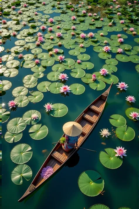 High-quality drone photography from above. Below is a clear swamp. with beautiful lotus flowers growing on half of it On the surface of the water is a Thai style canoe. There was a woman wearing a boat hat and picking lotus flowers. Highly detailed, sharp ...