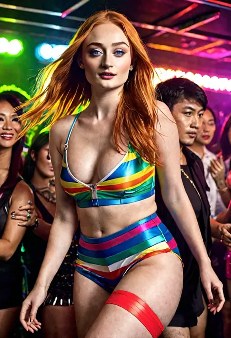 Sophie Turner (age 25, hair has a brightly colored stripe, mismatched color contact lenses, tight clubbing outfit with mini skirt panties exposed), viewed from a low angle behind, Bangkok dance club
