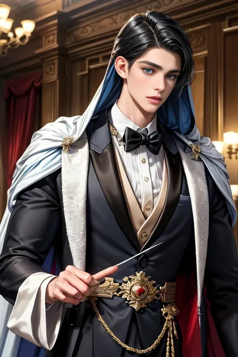 
masterpiece, 最high quality, high quality, 1 boy, alone, Male focus, Watching the audience,  Messy black hair, Adorable big blue eyes, White people, Noble, Noble,Sexy voluminous cape、Tuxedo、A very voluminous, large, very large, very large, long, long red a...