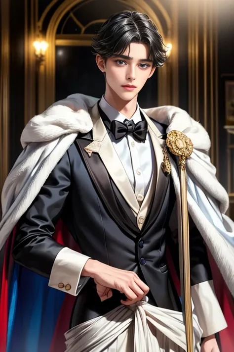 
masterpiece, 最high quality, high quality, 1 boy, alone, Male focus, Watching the audience,  Messy black hair, Adorable big blue eyes, White people, Noble, Noble,Sexy voluminous cape、Tuxedo、A very voluminous, large, very large, very large, long, long red a...