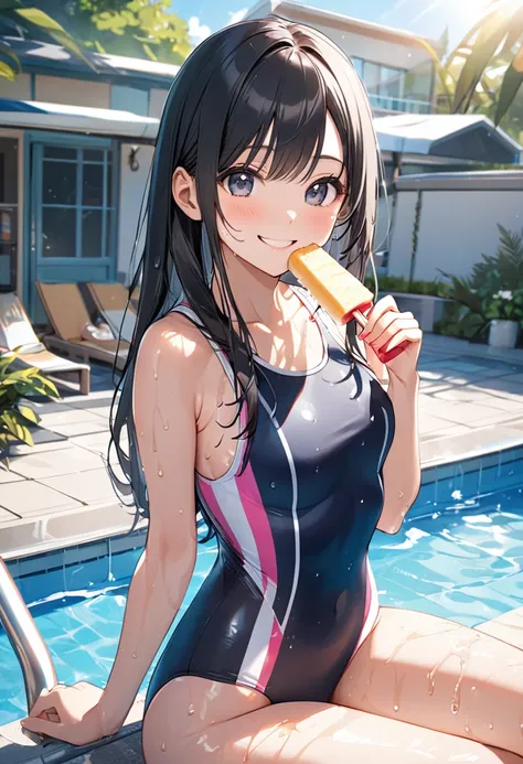 Woman, cute, adorable, smiling, straight hair, long hair, black hair, clear weather, sitting, sweat, sunlight, looking at the camera, pool, daytime, wet, one-piece swimsuit, eating an ice cream bar