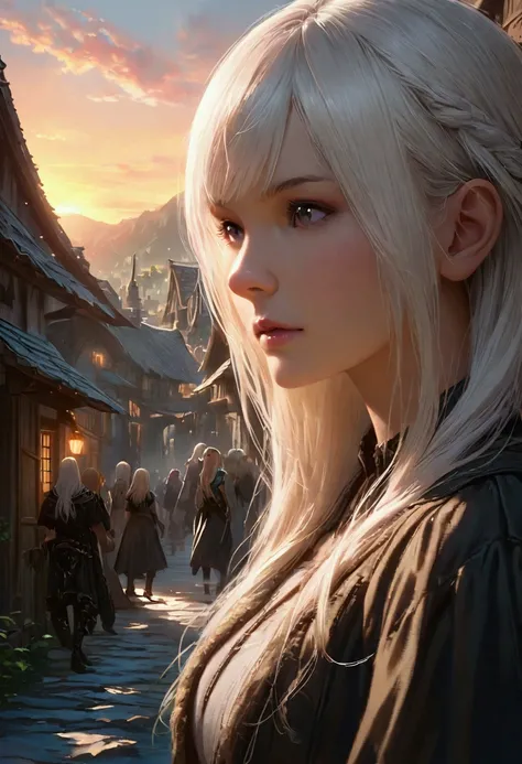 ((Cool girls)), black clothes, white hair, long hair, sunrise, dark fantasy, village, anime, realistic