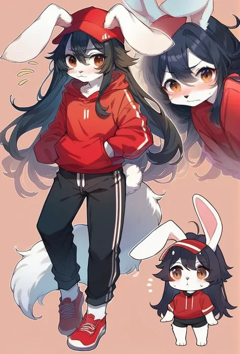  a cute bunny white furry, red baseball cap, black shirt, white fur, fluffy, red hoodie, black sport pants, red sport shoes, long hair, black hair, brown eyes, embarrassed, surpriced, blushed, bunny ears, bunny tail, furry, cute, kawai, reference sheet, mu...