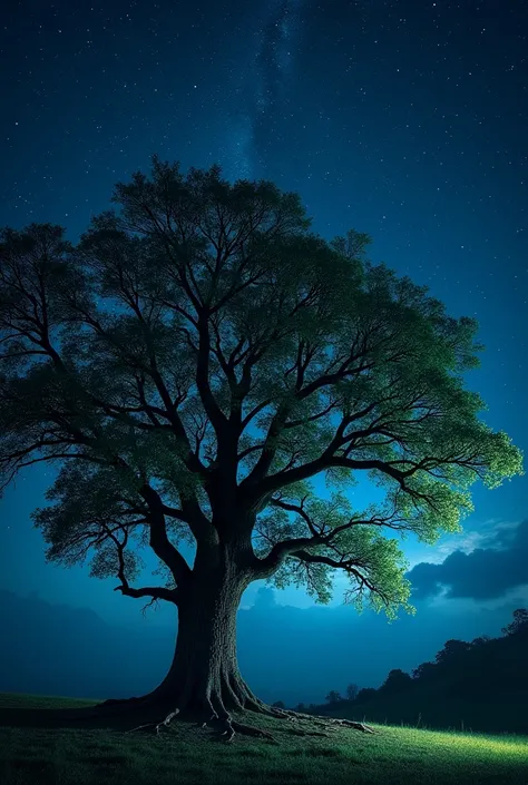 a tree at a left side with stars in the sky at night 