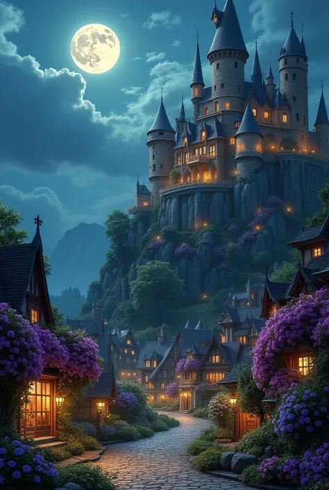 A fantasy kingdom too big, with a super big castle and a town with many houses, stores, etc, the kingdom will be full of flowers everywhere, even in the castle, and it will be night with a full moon.