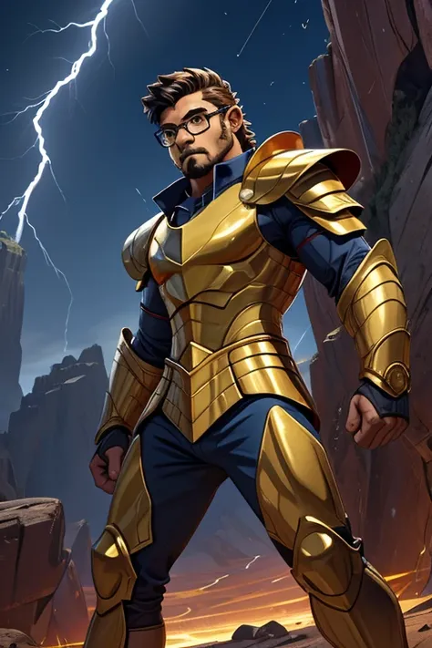 serious man with glasses,a gold leo armor in front of a landscape, action pose with lightning bolts in his fists,daniel mirante, ethan klein, taken in the early 2020s, full body profile picture, very slightly serious , david rios ferreira, slightly serious...