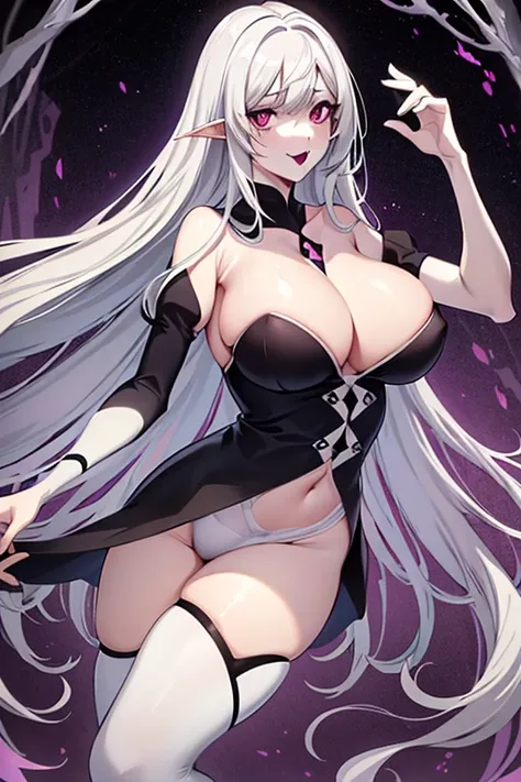 Fantasmatica waifu, big bust, white dress with semi transparent lines, purple eyes, long white hair, black lipstick, black stockings, big thighs, crossed legs (Eachtrix)(HD) rostro bien definido