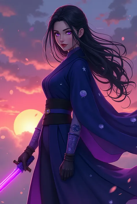 Demon Slayer character with long black hair, that her uniform is navy blue and that she has a katana and that she is a woman who has purple eyes and that she has a purple haori with moons and that she has a sky background with a purple katana and that she ...