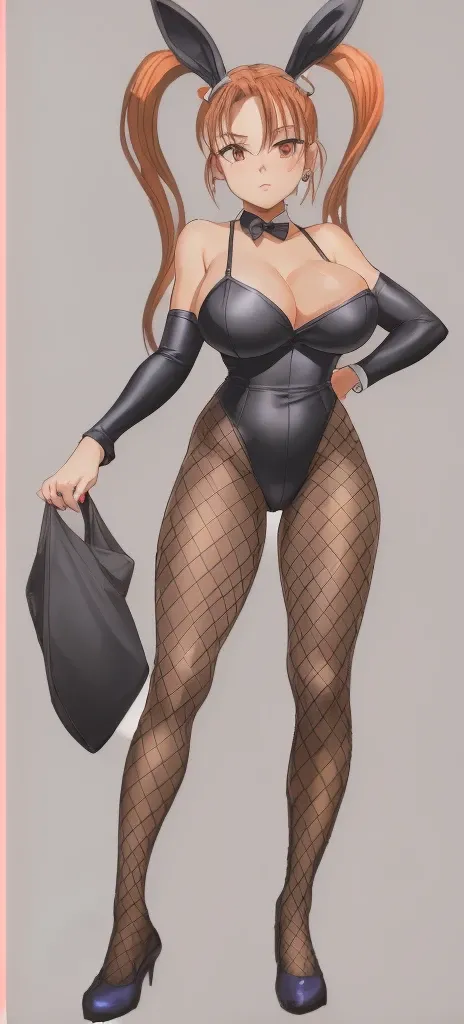 Jessica, with her big breasts, long beautiful legs and twin tails, is standing with her hands on her hips in a black high-cut bunny suit and fishnet stockings.。