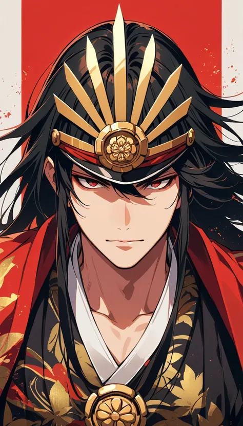 Create a portrait of Oda Nobunaga, a warlord from the Sengoku period. Set the background with a traditional Japanese castle or Sengoku era scenery. Nobunaga should be depicted in distinctive Sengoku-era attire, with a confident and dignified expression tha...