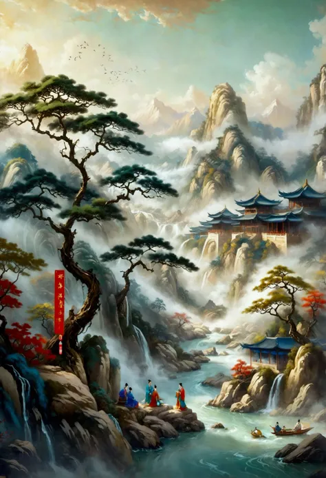 Chinese landscape painting, Jade material, Blue, greenand white color, gold line hook, white backgroundbright colors, natural lighting, best quality, Awardwinning work, blender, (8k，Bright colors，Bright，Ultra high saturation，rgb, Colorful)，(High contrast:1...