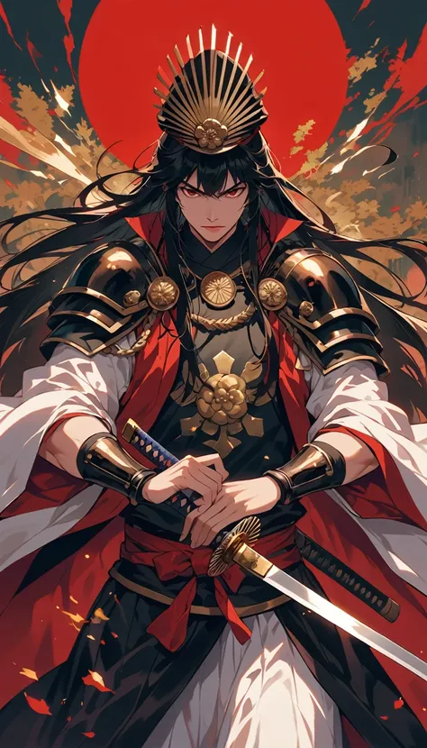 Create an illustration of Oda Nobunaga, the renowned Sengoku-era warlord, in a dramatic and imposing pose. He should be depicted in his traditional Sengoku attire, showcasing his characteristic armor and elaborate decorations. Include a prominent sword or ...