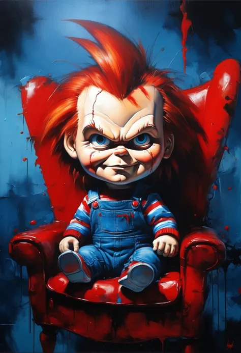 chucky sitting on a red armchair, gloomy illumination, dark environment, red over blue, highly detailed, masterful painting in t...