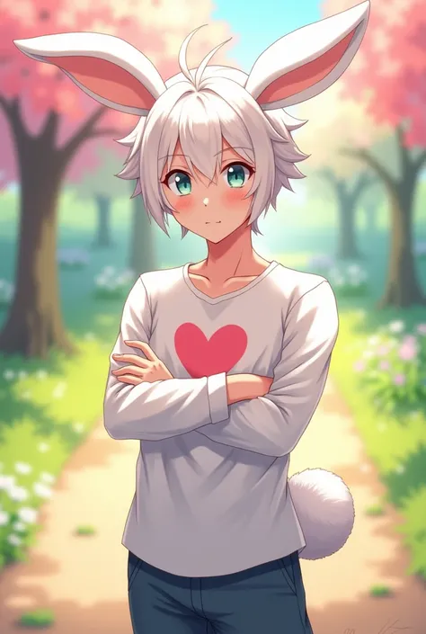 Gay anime man, white shirt showing the elbows, white skin color, with a pantyhose, white hair a little big, bunny ears, bunny tail, with a heart-shaped hole in the middle of his shirt and the heart is the color of his skin